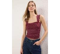 HOXTON GAL Women's Square Neck Ruched Sides Crop Top with Shoulder Bow Detail in Burgundy | Size: Medium HOXTON GAL Burgundy M