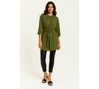 HOXTON GAL Women's Tie Waisted Ruffle Neck Tunic with 3/4 Sleeves in Khaki | Size: 8-10 HOXTON GAL Khaki 8-10