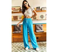 HOXTON GAL Women's Wide-Leg Palazzo Pants with Comfortable Elastic Waist in Blue | Size: Large HOXTON GAL Blue L