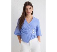 HOXTON GAL Women's Wrap V-Neck Blouse with Button Detail in Blue | Size: 8 HOXTON GAL Blue 8