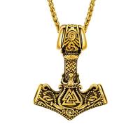 Hoyazvet Viking Thor's Hammer Necklace for Men, 18K Gold/Black/Stainless Steel Mjolnir Amulet Pendant Norse Pagan Compass Nordic Viking Jewelry, with Gift Box, Stainless Steel, No Gemstone