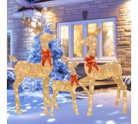 HOYECHI 5 FT Oversized Christmas Decorations Outdoor Lighted Reindeer - 3-Piece 2D Deer Family Set with 160 Warm White LED Lights for Yard, Lawn, Garden & Porch Holiday Display - Gold