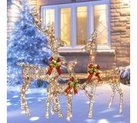 HOYECHI Lighted Christmas Decoration Deer 3 Piece, Light up Christmas Decor Reindeer Family Set for Indoor Outdoor Front Yard Porch with LED Lights, Plug, Extension Cord, Ground Stakes - Brown