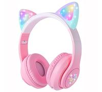 HOYJACY Cat Ear Kids Bluetooth Headphones for Girls Children Teens, LED Light Up Wireless/Wired Mode Foldable Stereo Girls Headphones with Built-in Mic for School Birthday Xmas Gift (Pink)