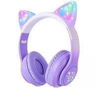 HOYJACY Kids Bluetooth Headphones with LED Cat Ears, Wireless/Wired Mode Headphones for Kids, Foldable Stereo Over Ear Headphones with Built-in Mic for School Birthday Xmas Gift (Purple)