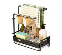 Hoypeyfiy Kitchen Sink Organizer with Dish Towel Holder Sink Caddy Tidy Rack, Kitchen Storage Tool Sponge Accessories Scrubber Brush Wipes (Black)