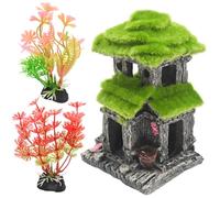 Hoypeyfiy Realistic Aquarium Decor, Simulated Moss Fish House, Double-Layer Hiding Spot for Tropical Fish Tanks Includes 2 Artificial Plants