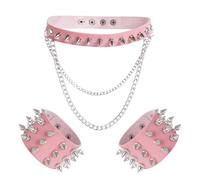 hoyuwak 3Pcs Leather Spike Choker Studded Bracelet Cuffs Set Gothic Rivet Collar Wristbands Puck Accessories for Men Women Rock, Pink, Adjustable