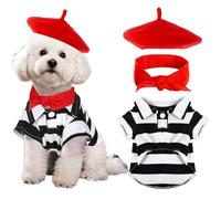hoyuwak Halloween Artist Small Dog Costume Including Funny Black and White Striped Shirt Red Beret Bandana for Small Puppy Cat Halloween Cosplay Party