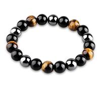 HOZEAL Triple Protection Bracelet, Black Obsidian Tiger Eye Stone Hematite Wealth Bracelets for Men Women for Bring Luck and Prosperity, Beaded Buddha Crystals Rope Stretch Bracelet, M, 8mm-6.75inch