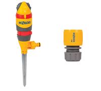 Hozelock Round Sprinkler Pro with 314m squared reach, with 5 different spray patterns and 2166P9000 Hose end connector (12.5mm & 15mm), Grey