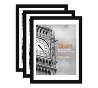 HoziRes 18 x 24 Inch Frame, Solid Wood 24 x 18 Inch Picture Frame Black, Set of 3 Poster Frames 18 x 24 Inches with Plexiglass Front for Wall Mounting, Photo Frames with Mat for 16 x 20 inch Printing