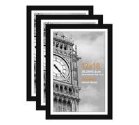 HoziRes 18x12 Inch Picture Frame - 100% Solid Wood with Plexiglass Front for Wall Mounting, Set of 3 Black Poster Frames with Mat for 17x11 Inch Printing
