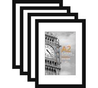 HoziRes A2 Picture Frame Black, Wooden A2 Frame with A3 Mount with Plexiglass Front, Set of 4 A2 Photo Frame for Wall Mounting, 16 x 23 inch Poster Frames