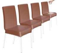 HOZKUY Dining Chair Covers Set of 4, Universal Fit Chair Slipcover, High Back Faux Leather Waterproof Chairs Cover Elastic Washable Chair Protectors for Dining Room, Kitchen, Restaurant, Brown