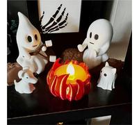 HOZZAVOX 3D Printed Ghost Campfire Figurine Set - Flickering LED Nightlight with Roasting Marshmallows, Cute Swinging Ghosts & Adorable Ghost Dog - Perfect for Halloween Decor(with cat and Dog)