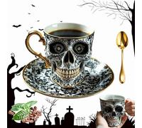 HOZZAVOX Gothic Royal Skull Mug Set - Porcelain Coffee/Tea Cup & Saucer with Gold Trim - Halloween Skeleton Design - Unique Bonehead Cup for Collectors & Lovers(1pc)