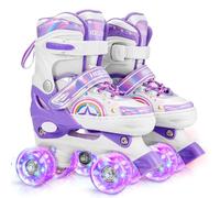 Hozzen Girls Roller Skates for Kids - 4 Size Adjustable Light Up Quad Skates for Girls - Rainbow Purple Shiny Illuminating Children Roller Skates for Toddlers Beginner, Christmas and Holidays(M)