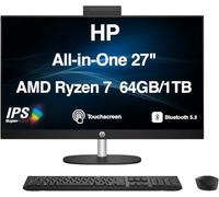 HP 27” Touchscreen FHD All-in-One Desktop, AMD Ryzen 7 7730U, 64GB/1TB | Jet Black AIO with Adjustable Height, AMD Radeon Graphics, WiFi 6+ BT 5.3, 1080p IR Webcam, Win 11 Home, w/Wireless KB+Mouse