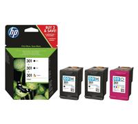 HP 301 ink cartridge black and tri-colour standard capacity black:190 p, colour:165 p multipack 2BK+1 Tri-color
