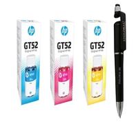 HP GT52 C/M/Y Ink Bottle (Set of 3) with 3in1 Multi-Function Smartphone Stand, Stylus Pen, Anti-Metal Texture Rotating Ballpoint Pen (Very Colors)