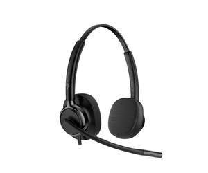 HP Poly Mission 425 USBCA Duo USB stereo headset with a USB-C connection and a USB-A adapter, featuring a noise-cancelling microphone and