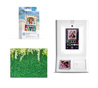 HP Sprocket Photo Booth Machine Instant Color Photo Printer (White) + Zink Paper (100 Sheets) + Leaves Photo Backdrop (1)