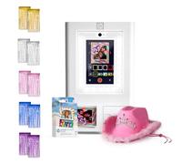 HP Sprocket Photo Booth Machine Instant Color Photo Printer (White) + Zink Paper (100 Sheets) + Pink Hat (1)+ Foil Curtain Backdrop (10)