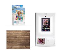 HP Sprocket Photo Booth Machine Instant Color Photo Printer (White) + Zink Paper (100 Sheets) + Vintage Wooden Wall Backdrop (1)