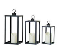 HPC DECOR Black Metal Candle Lanterns Set of 3- Lanterns Decorative w/Flickering Timer Candles- 16.5'' 13'' 10'' Chunky Large Modern Farmhouse Candle Lanterns for Indoor, Outdoor, Tabletop (No Glass)