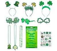 HpCuales 16Pcs St. Patrick's Day Accessories Party Favor Set, Tattoo Stickers, Necklaces, Shamrock Glasses, Headbands, Mustaches, for St.Patrick Irish Party Decorations