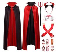 HpCuales Women Halloween Costume, Halloween Cloak Reversible Devil Costume Accessories for Women Devil Horns Trident Long Gloves Horror Face Gems Wound Tattoo Cosplay Carnival Party