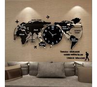 HPDOM Wall Clock Acrylic DIY 3D World Map Wallclock, Beautiful Wall Art Big Decorative Wall Clock for Living Room,Bedroom,Office(Black),74×44cm