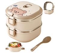 Hperu 1400ml Stainless Steel Thermal Lunch Box for Hot Food 2-Layer Insulated Leakproof Bear Pattern Lunchbox with Tableware for Kids Adults - Insulated Lunch Box