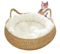 Hperu 15x5in 2-in-1 Cat Baskets Bed for Indoor Cats Woven with Soft Cushion Scratch-proof Cozy Round Wicker Kitten Bed