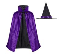 Hperu 1PC Kids Witch Cape with Hat, Double Side Vampire Cloak Unisex Halloween Cosplay (27.5", Black/Purple)