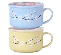 Hperu 2Pcs Soup Bowls with Handles, 800ml/28oz Sealing Heat-Resistant Microwave Soup Mug with Lid Floral Wintersweet Ceramic Travel Mug for Ramen, Noodle, Porridge - Ceramic Bowl with Lid