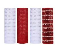 Hperu 4 Rolls Deco Mesh 10 Inch Rolls 10 Yard Red White Metallic Foil Poly Mesh Ribbon for Wreaths Christmas Tree Swags Craft Winter Holiday Party Decor - Ribbon