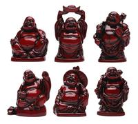 Hperu 6Pcs Buddha Statues, Red Resin Laughing Buddha Figurines for Chinese Feng Shui Decor