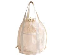 Hperu Beach Mesh Bag, Kids Beach Bag Tote with Drawstring Foldable, Toy with 2 Front Pockets Swim Pool Mesh Bags for Toys Towel Flip Flops, Beige