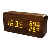 Hperu Digital Clock 6x3 Inch Wooden LED Clock with Thermometer & Hygrometer, USB Rechargeable, 3-Level Lighting, Sound Activated, 2000mAh Alarm for Home, Office, Desk