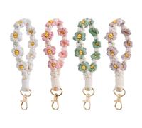 Hperu Flower Keychain Macrame Keychain 2PCS Cute Wristlet Keychain with Round Buckle Daisy Flower Keychain Multipurpose Keys Wrist Lanyard for Women Girls Gift Green Purple