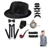Hperu Gangster Costume Kids 1920s Costume Set Includes Fedora Hat, Tie, Bow, Suspender, Pocket Watch for Kids Prom, Party, Dress Up, Fedora Hats for