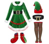 Hperu Girls Elf Costume Size L 1 Set Classic Velvet Elf Dress with Hat, Belt, Socks & Shoes for Christmas Halloween- Christmas Costumes