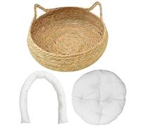 Hperu Handwoven Cat Basket, Cat Beds for Indoor Cats, 2-In-1 Woven Baskets Bed with Soft Cushion Scratch-Proof Kitten Bed Cozy Round Wicker Basket, L, 17x6 Inch