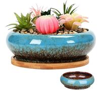 Hperu Lotus Bowl Planter, Ceramic Glazed Lotus Bowl, 7x2in Round Decorative Shallow Hydroponic Planter, without Drain for Water Lily, Blue, Aquatic Plant Pot