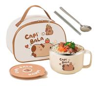 Hperu Ramen Bowl Microwavable 800ml/28oz Capybara Stainless Steel Soup Bowl with Lid & Bag & Tableware Portable Ramen Cooker for Noodles, Dumplings, Salads - Instant Noodle