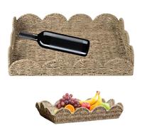 Hperu Rustic Wicker Rectangular Serving Tray, Natural Seagrass, Scalloped Edge, 19.7x14.6x3.9 Inch
