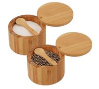 Hperu Salt and Pepper Bowls, 2Pcs Bamboo Salt and Pepper Containers with Swivel Lid & Built-In Spoon, Round Storage Box for Sugar Herbs Spice