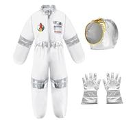 Hperu Space Costume, White Polyester Halloween Costume with Gloves and Helmet, Space Jumpsuit with Elastic Bands and 6 Flag Stickers for Kids, Boys and Girls Dress Up, Size S